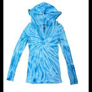 Hard Tail Forever Hooded LS Pullover V- Neck Tee Women Sz S Blue Tie Dye